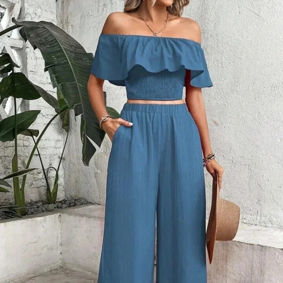 Women's Off-Shoulder Ruffle Trim Top And Wide Leg Pants Two Piece Set - Picture 6 of 6